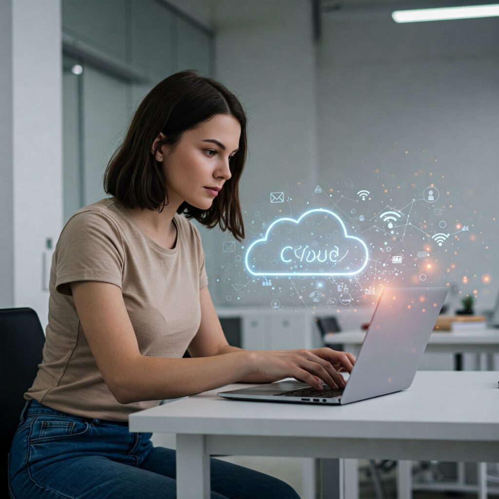 A woman working on a laptop connected to the cloud